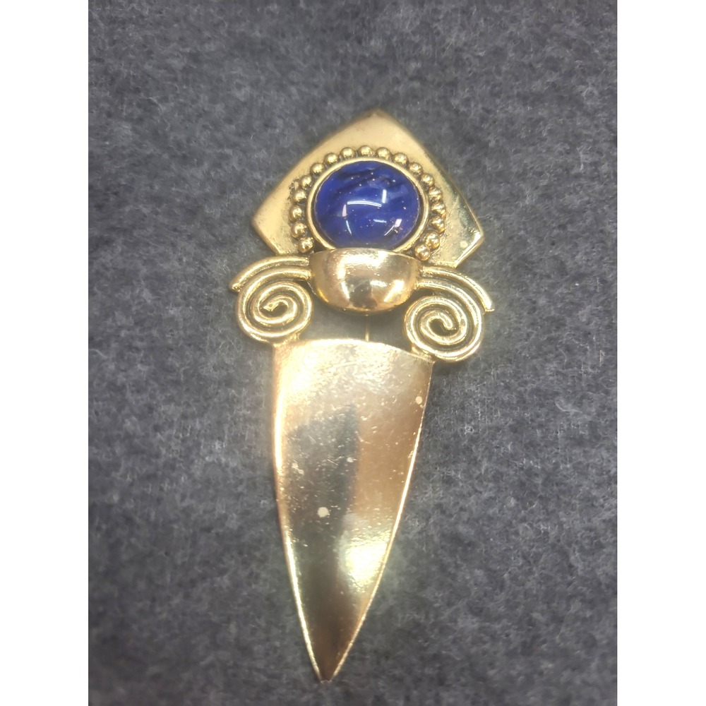 Vintage Dauplaise Pin Brooch Cobalt Blue w Gold Flecks Cabochon And Gold Tone
